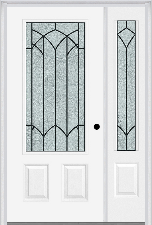 MMI 3/4 LITE 2 PANEL 6'8" FIBERGLASS SMOOTH MONTCLAIRE WROUGHT IRON EXTERIOR PREHUNG DOOR WITH 1 MONTCLAIRE WROUGHT IRON 3/4 LITE DECORATIVE GLASS SIDELIGHT 607