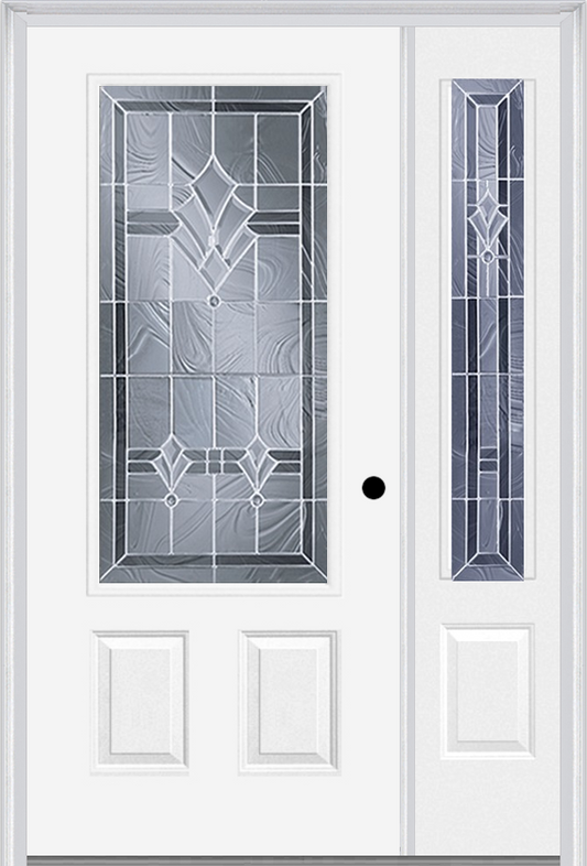 MMI 3/4 LITE 2 PANEL 6'8" FIBERGLASS SMOOTH RADIANT HUES NICKEL EXTERIOR PREHUNG DOOR WITH 1 RADIANT HUES NICKEL 3/4 LITE DECORATIVE GLASS SIDELIGHT 607