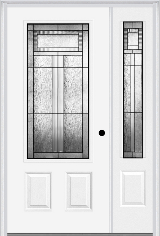 MMI 3/4 LITE 2 PANEL 6'8" FIBERGLASS SMOOTH ROYAL PATINA EXTERIOR PREHUNG DOOR WITH 1 ROYAL PATINA 3/4 LITE DECORATIVE GLASS SIDELIGHT 607