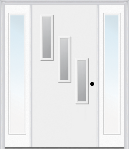 MMI 3 LITE VERTICAL HINGE/STOP SIDE 3'0" X 6'8" FIBERGLASS SMOOTH CLEAR OR FROSTED GLASS EXTERIOR PREHUNG DOOR WITH 2 CRAFTSMAN FULL LITE LOW-E SIDELIGHTS 842V3H OR 842V3S