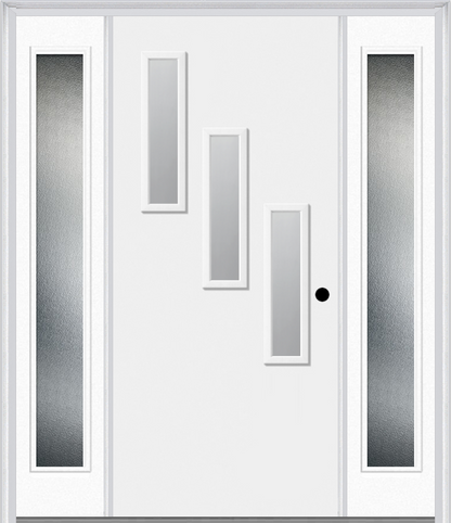 MMI 3 LITE VERTICAL HINGE/STOP SIDE 3'0" X 6'8" FIBERGLASS SMOOTH CLEAR OR FROSTED GLASS EXTERIOR PREHUNG DOOR WITH 2 CRAFTSMAN FULL LITE LOW-E SIDELIGHTS 842V3H OR 842V3S