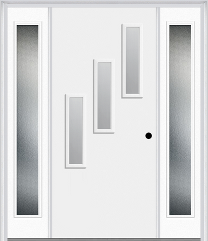 MMI 3 LITE VERTICAL HINGE/STOP SIDE 3'0" X 6'8" FIBERGLASS SMOOTH CLEAR OR FROSTED GLASS EXTERIOR PREHUNG DOOR WITH 2 CRAFTSMAN FULL LITE LOW-E SIDELIGHTS 842V3H OR 842V3S