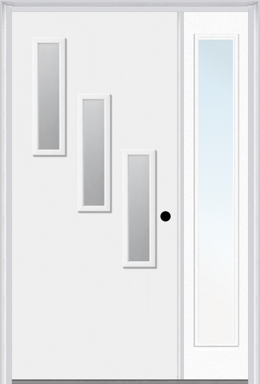 MMI 3 LITE VERTICAL HINGE/STOP SIDE 3'0" X 6'8" FIBERGLASS SMOOTH CLEAR OR FROSTED GLASS EXTERIOR PREHUNG DOOR WITH 1 CRAFTSMAN FULL LITE LOW-E SIDELIGHT 842V3H OR 842V3S