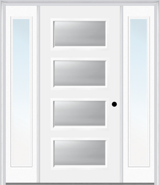 MMI 4 LITE 3'0" X 6'8" FIBERGLASS SMOOTH CLEAR OR FROSTED GLASS EXTERIOR PREHUNG DOOR WITH 2 CRAFTSMAN FULL LITE LOW-E SIDELIGHTS 651H4