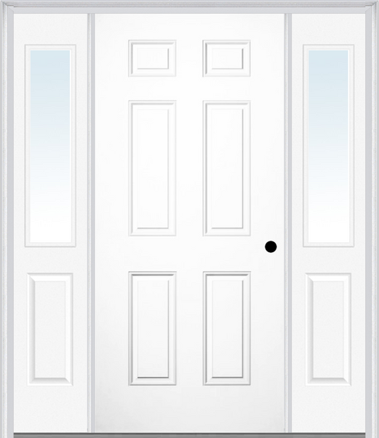 MMI 6 PANEL 3'0" X 6'8" FIBERGLASS SMOOTH EXTERIOR PREHUNG DOOR WITH 2 HALF LITE CLEAR OR PRIVACY/TEXTURED GLASS SIDELIGHTS 21