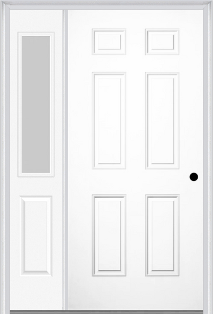 MMI 6 PANEL 3'0" X 6'8" FIBERGLASS SMOOTH EXTERIOR PREHUNG DOOR WITH 1 HALF LITE CLEAR OR PRIVACY/TEXTURED GLASS SIDELIGHT 21