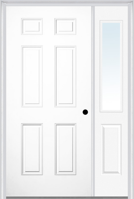 MMI 6 PANEL 3'0" X 6'8" FIBERGLASS SMOOTH EXTERIOR PREHUNG DOOR WITH 1 HALF LITE CLEAR OR PRIVACY/TEXTURED GLASS SIDELIGHT 21