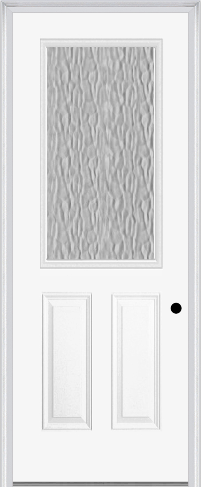 MMI 1/2 LITE 2 PANEL 3'0" X 8'0" FIBERGLASS SMOOTH TEXTURED/PRIVACY GLASS FINGER JOINTED PRIMED EXTERIOR PREHUNG DOOR 906