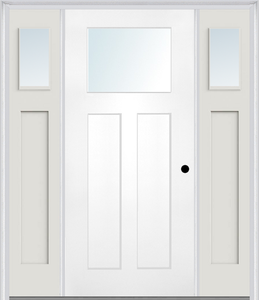 MMI CRAFTSMAN 2 PANEL SHAKER 3'0" X 6'8" FIBERGLASS SMOOTH LOW-E GLASS EXTERIOR PREHUNG DOOR WITH 2 CLEAR OR SDL 1/4 CRAFTSMAN LITE GLASS SIDELIGHTS 866, 867 SDL, OR 868 SDL