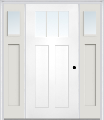 MMI CRAFTSMAN 2 PANEL SHAKER 3'0" X 6'8" FIBERGLASS SMOOTH LOW-E GLASS EXTERIOR PREHUNG DOOR WITH 2 CLEAR OR SDL 1/4 CRAFTSMAN LITE GLASS SIDELIGHTS 866, 867 SDL, OR 868 SDL