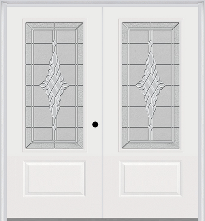 MMI TWIN/DOUBLE 3/4 LITE 1 PANEL 6'0" X 6'8" FIBERGLASS SMOOTH GRACE NICKEL OR GRACE PATINA DECORATIVE GLASS EXTERIOR PREHUNG DOOR 608