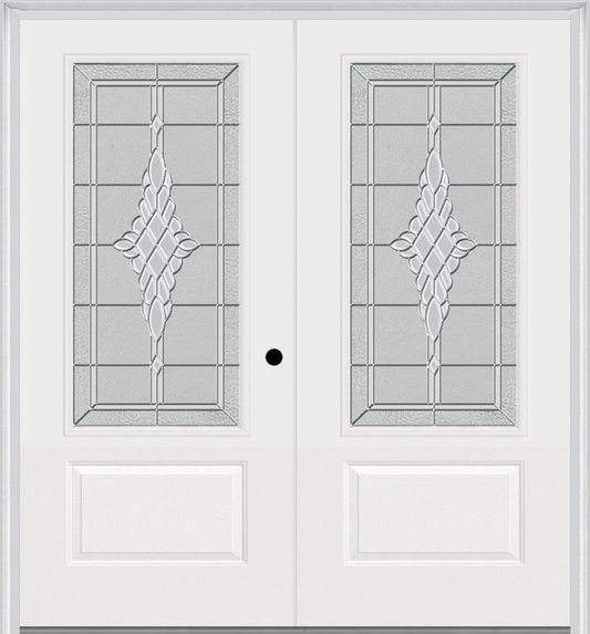 MMI TWIN/DOUBLE 3/4 LITE 1 PANEL 6'0" X 6'8" FIBERGLASS SMOOTH GRACE NICKEL OR GRACE PATINA DECORATIVE GLASS EXTERIOR PREHUNG DOOR 608