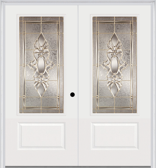 MMI TWIN/DOUBLE 3/4 LITE 1 PANEL 6'0" X 6'8" FIBERGLASS SMOOTH HEIRLOOMS BRASS OR HEIRLOOMS SATIN NICKEL DECORATIVE GLASS EXTERIOR PREHUNG DOOR 608