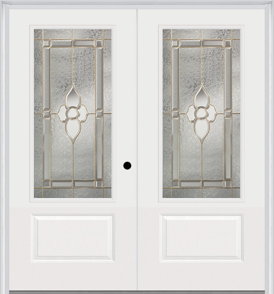 MMI TWIN/DOUBLE 3/4 LITE 1 PANEL 6'0" X 6'8" FIBERGLASS SMOOTH NOUVEAU BRASS, NOUVEAU NICKEL, OR NOUVEAU PATINA DECORATIVE GLASS EXTERIOR PREHUNG DOOR 608