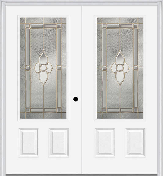 MMI TWIN/DOUBLE 3/4 LITE 2 PANEL 6'0" X 6'8" FIBERGLASS SMOOTH NOUVEAU BRASS, NOUVEAU NICKEL, OR NOUVEAU PATINA DECORATIVE GLASS EXTERIOR PREHUNG DOOR 607