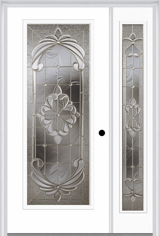 MMI FULL LITE 6'8" FIBERGLASS SMOOTH EXPRESSIONS SATIN NICKEL EXTERIOR PREHUNG DOOR WITH 1 FULL LITE EXPRESSIONS SATIN NICKEL DECORATIVE GLASS SIDELIGHT 686