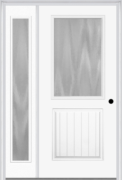 MMI 1/2 LITE 1 PANEL PLANKED 3'0" X 6'8" TEXTURED/PRIVACY FIBERGLASS SMOOTH EXTERIOR PREHUNG DOOR WITH 1 FULL LITE TEXTURED/PRIVACY GLASS SIDELIGHT 683