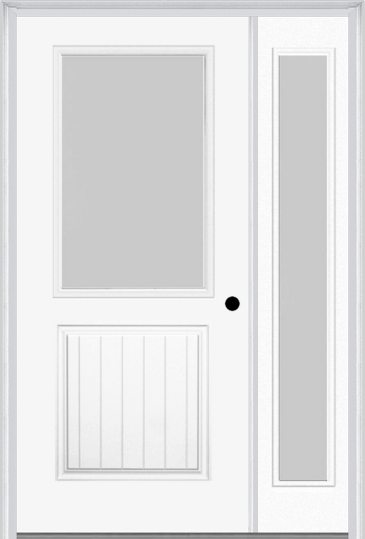 MMI 1/2 LITE 1 PANEL PLANKED 3'0" X 6'8" TEXTURED/PRIVACY FIBERGLASS SMOOTH EXTERIOR PREHUNG DOOR WITH 1 FULL LITE TEXTURED/PRIVACY GLASS SIDELIGHT 683