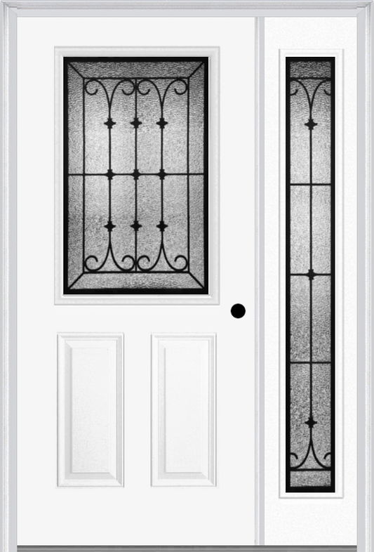 MMI 1/2 LITE 2 PANEL 6'8" FIBERGLASS SMOOTH CHATEAU WROUGHT IRON EXTERIOR PREHUNG DOOR WITH 1 FULL LITE CHATEAU WROUGHT IRON DECORATIVE GLASS SIDELIGHT 684