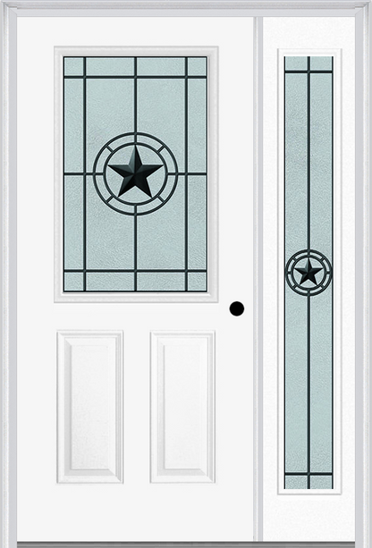 MMI 1/2 LITE 2 PANEL 6'8" FIBERGLASS SMOOTH ELEGANT STAR WROUGHT IRON EXTERIOR PREHUNG DOOR WITH 1 FULL LITE ELEGANT STAR WROUGHT IRON DECORATIVE GLASS SIDELIGHT 684