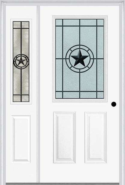 MMI 1/2 LITE 2 PANEL 6'8" FIBERGLASS SMOOTH ELEGANT STAR WROUGHT IRON EXTERIOR PREHUNG DOOR WITH 1 HALF LITE ELEGANT STAR WROUGHT IRON DECORATIVE GLASS SIDELIGHT 684