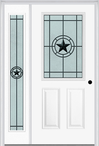 MMI 1/2 LITE 2 PANEL 6'8" FIBERGLASS SMOOTH ELEGANT STAR WROUGHT IRON EXTERIOR PREHUNG DOOR WITH 1 FULL LITE ELEGANT STAR WROUGHT IRON DECORATIVE GLASS SIDELIGHT 684