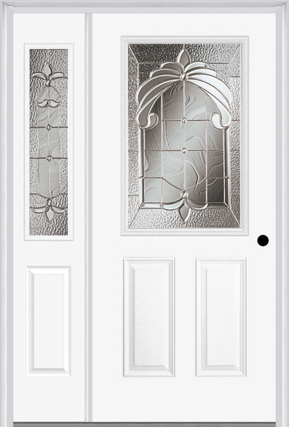 MMI 1/2 LITE 2 PANEL 6'8" FIBERGLASS SMOOTH EXPRESSIONS SATIN NICKEL EXTERIOR PREHUNG DOOR WITH 1 HALF LITE EXPRESSIONS SATIN NICKEL DECORATIVE GLASS SIDELIGHT 684