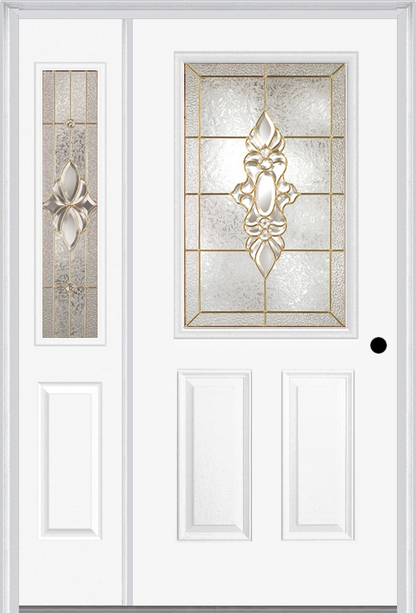 MMI 1/2 LITE 2 PANEL 6'8" FIBERGLASS SMOOTH HEIRLOOMS BRASS OR HEIRLOOMS SATIN NICKEL EXTERIOR PREHUNG DOOR WITH 1 HALF LITE HEIRLOOMS BRASS/SATIN NICKEL DECORATIVE GLASS SIDELIGHT 684