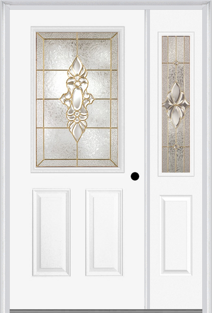 MMI 1/2 LITE 2 PANEL 6'8" FIBERGLASS SMOOTH HEIRLOOMS BRASS OR HEIRLOOMS SATIN NICKEL EXTERIOR PREHUNG DOOR WITH 1 HALF LITE HEIRLOOMS BRASS/SATIN NICKEL DECORATIVE GLASS SIDELIGHT 684