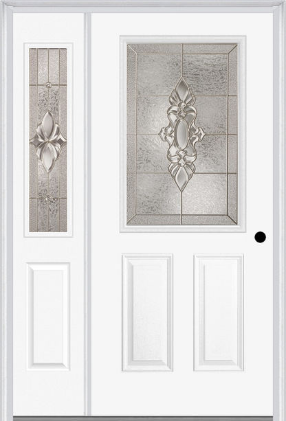 MMI 1/2 LITE 2 PANEL 6'8" FIBERGLASS SMOOTH HEIRLOOMS BRASS OR HEIRLOOMS SATIN NICKEL EXTERIOR PREHUNG DOOR WITH 1 HALF LITE HEIRLOOMS BRASS/SATIN NICKEL DECORATIVE GLASS SIDELIGHT 684