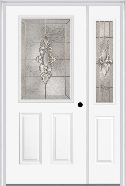 MMI 1/2 LITE 2 PANEL 6'8" FIBERGLASS SMOOTH HEIRLOOMS BRASS OR HEIRLOOMS SATIN NICKEL EXTERIOR PREHUNG DOOR WITH 1 HALF LITE HEIRLOOMS BRASS/SATIN NICKEL DECORATIVE GLASS SIDELIGHT 684