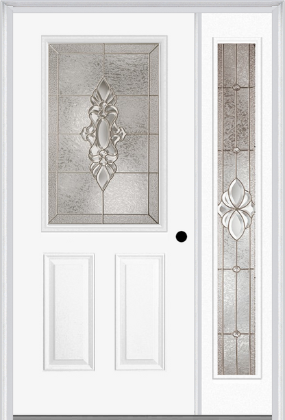 MMI 1/2 LITE 2 PANEL 6'8" FIBERGLASS SMOOTH HEIRLOOMS BRASS OR HEIRLOOMS SATIN NICKEL EXTERIOR PREHUNG DOOR WITH 1 FULL LITE HEIRLOOMS BRASS/SATIN NICKEL DECORATIVE GLASS SIDELIGHT 684