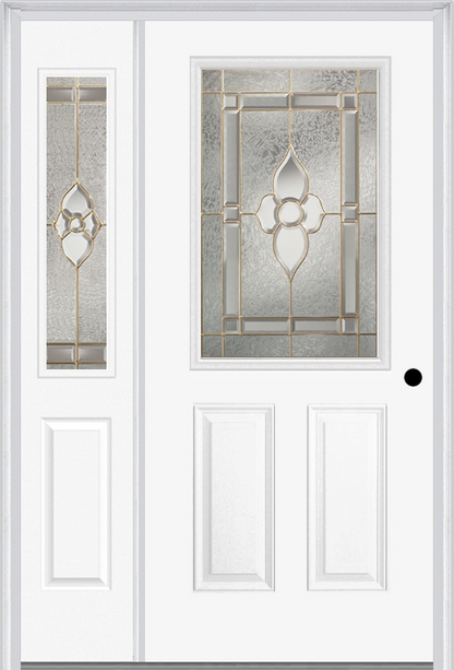 MMI 1/2 LITE 2 PANEL 6'8" FIBERGLASS SMOOTH NOUVEAU BRASS, NOUVEAU NICKEL, OR NOUVEAU PATINA EXTERIOR PREHUNG DOOR WITH 1 HALF LITE NOUVEAU BRASS/NICKEL/PATINA DECORATIVE GLASS SIDELIGHT 684