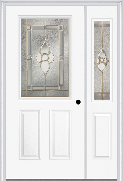 MMI 1/2 LITE 2 PANEL 6'8" FIBERGLASS SMOOTH NOUVEAU BRASS, NOUVEAU NICKEL, OR NOUVEAU PATINA EXTERIOR PREHUNG DOOR WITH 1 HALF LITE NOUVEAU BRASS/NICKEL/PATINA DECORATIVE GLASS SIDELIGHT 684