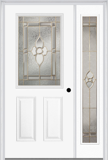 MMI 1/2 LITE 2 PANEL 6'8" FIBERGLASS SMOOTH NOUVEAU BRASS, NOUVEAU NICKEL, OR NOUVEAU PATINA EXTERIOR PREHUNG DOOR WITH 1 FULL LITE NOUVEAU BRASS/NICKEL/PATINA DECORATIVE GLASS SIDELIGHT 684