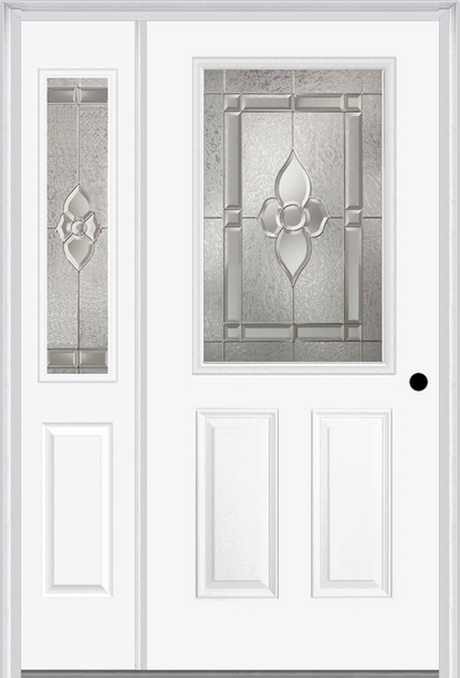 MMI 1/2 LITE 2 PANEL 6'8" FIBERGLASS SMOOTH NOUVEAU BRASS, NOUVEAU NICKEL, OR NOUVEAU PATINA EXTERIOR PREHUNG DOOR WITH 1 HALF LITE NOUVEAU BRASS/NICKEL/PATINA DECORATIVE GLASS SIDELIGHT 684