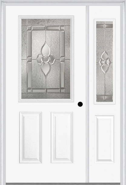 MMI 1/2 LITE 2 PANEL 6'8" FIBERGLASS SMOOTH NOUVEAU BRASS, NOUVEAU NICKEL, OR NOUVEAU PATINA EXTERIOR PREHUNG DOOR WITH 1 HALF LITE NOUVEAU BRASS/NICKEL/PATINA DECORATIVE GLASS SIDELIGHT 684