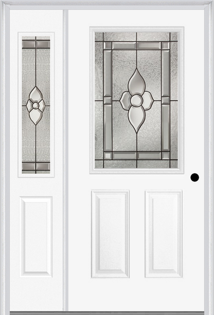 MMI 1/2 LITE 2 PANEL 6'8" FIBERGLASS SMOOTH NOUVEAU BRASS, NOUVEAU NICKEL, OR NOUVEAU PATINA EXTERIOR PREHUNG DOOR WITH 1 HALF LITE NOUVEAU BRASS/NICKEL/PATINA DECORATIVE GLASS SIDELIGHT 684