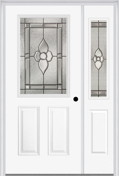 MMI 1/2 LITE 2 PANEL 6'8" FIBERGLASS SMOOTH NOUVEAU BRASS, NOUVEAU NICKEL, OR NOUVEAU PATINA EXTERIOR PREHUNG DOOR WITH 1 HALF LITE NOUVEAU BRASS/NICKEL/PATINA DECORATIVE GLASS SIDELIGHT 684