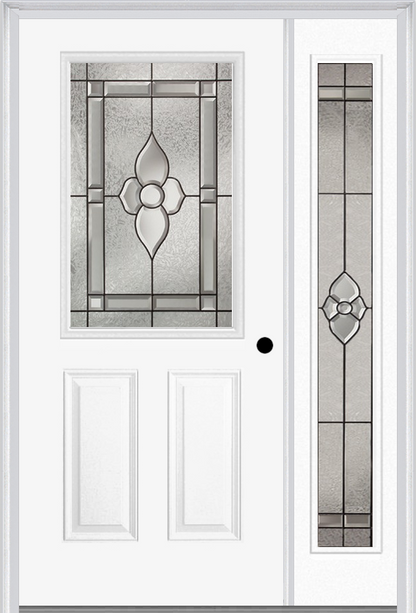 MMI 1/2 LITE 2 PANEL 6'8" FIBERGLASS SMOOTH NOUVEAU BRASS, NOUVEAU NICKEL, OR NOUVEAU PATINA EXTERIOR PREHUNG DOOR WITH 1 FULL LITE NOUVEAU BRASS/NICKEL/PATINA DECORATIVE GLASS SIDELIGHT 684