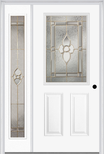 MMI 1/2 LITE 2 PANEL 6'8" FIBERGLASS SMOOTH NOUVEAU BRASS, NOUVEAU NICKEL, OR NOUVEAU PATINA EXTERIOR PREHUNG DOOR WITH 1 FULL LITE NOUVEAU BRASS/NICKEL/PATINA DECORATIVE GLASS SIDELIGHT 684