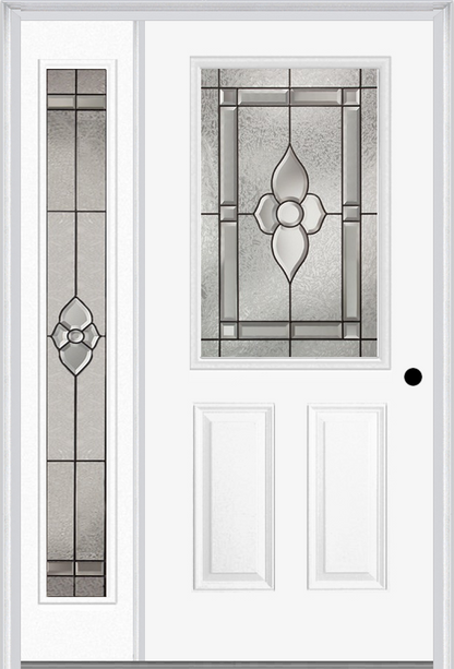 MMI 1/2 LITE 2 PANEL 6'8" FIBERGLASS SMOOTH NOUVEAU BRASS, NOUVEAU NICKEL, OR NOUVEAU PATINA EXTERIOR PREHUNG DOOR WITH 1 FULL LITE NOUVEAU BRASS/NICKEL/PATINA DECORATIVE GLASS SIDELIGHT 684