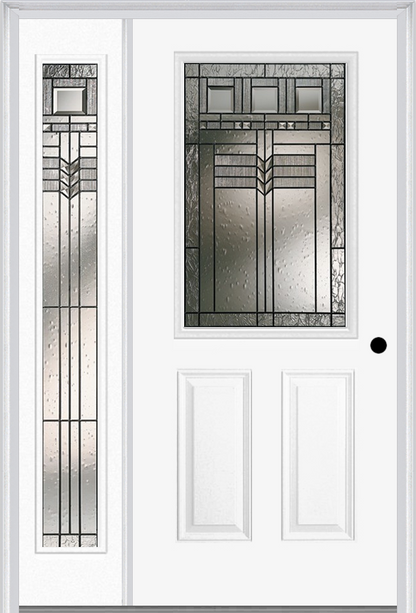 MMI 1/2 LITE 2 PANEL 6'8" FIBERGLASS SMOOTH OAK PARK PATINA EXTERIOR PREHUNG DOOR WITH 1 FULL LITE OAK PARK PATINA DECORATIVE GLASS SIDELIGHT 684