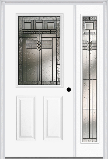 MMI 1/2 LITE 2 PANEL 6'8" FIBERGLASS SMOOTH OAK PARK PATINA EXTERIOR PREHUNG DOOR WITH 1 FULL LITE OAK PARK PATINA DECORATIVE GLASS SIDELIGHT 684