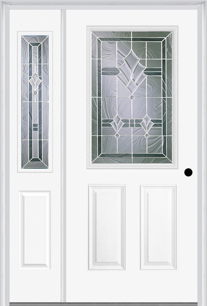 MMI 1/2 LITE 2 PANEL 6'8" FIBERGLASS SMOOTH RADIANT HUES NICKEL EXTERIOR PREHUNG DOOR WITH 1 HALF LITE RADIANT HUES NICKEL DECORATIVE GLASS SIDELIGHT 684