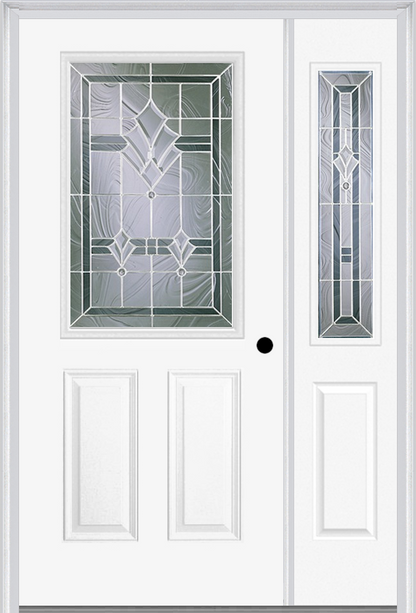 MMI 1/2 LITE 2 PANEL 6'8" FIBERGLASS SMOOTH RADIANT HUES NICKEL EXTERIOR PREHUNG DOOR WITH 1 HALF LITE RADIANT HUES NICKEL DECORATIVE GLASS SIDELIGHT 684