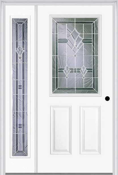 MMI 1/2 LITE 2 PANEL 6'8" FIBERGLASS SMOOTH RADIANT HUES NICKEL EXTERIOR PREHUNG DOOR WITH 1 FULL LITE RADIANT HUES NICKEL DECORATIVE GLASS SIDELIGHT 684