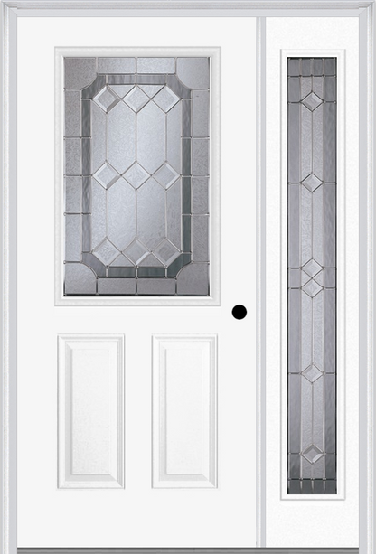 MMI 1/2 LITE 2 PANEL 6'8" FIBERGLASS SMOOTH RADIANT HUES NICKEL EXTERIOR PREHUNG DOOR WITH 1 FULL LITE RADIANT HUES NICKEL DECORATIVE GLASS SIDELIGHT 684