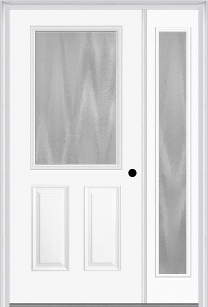 MMI 1/2 LITE 2 PANEL 3'0" X 6'8" TEXTURED/PRIVACY FIBERGLASS SMOOTH EXTERIOR PREHUNG DOOR WITH 1 FULL LITE TEXTURED/PRIVACY GLASS SIDELIGHT 684