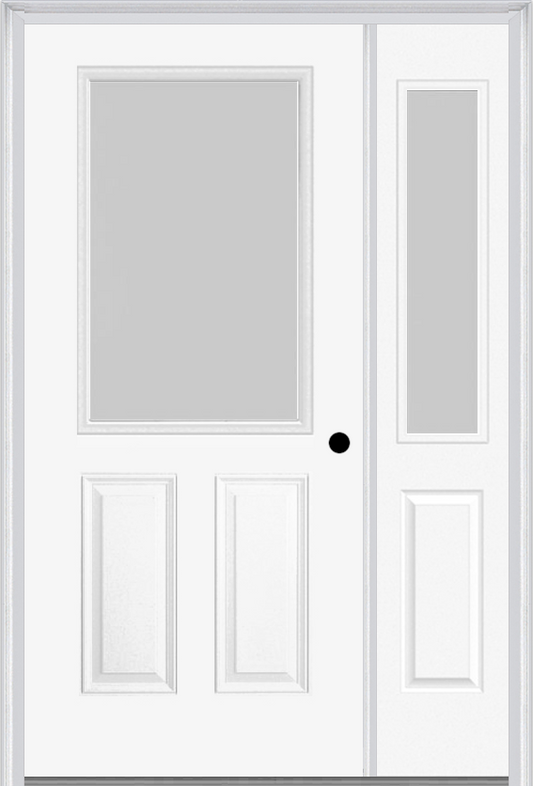 MMI 1/2 LITE 2 PANEL 3'0" X 6'8" TEXTURED/PRIVACY FIBERGLASS SMOOTH EXTERIOR PREHUNG DOOR WITH 1 HALF LITE TEXTURED/PRIVACY GLASS SIDELIGHT 684